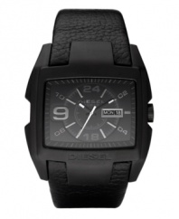 Superhero style in black on black, by Diesel. Black leather strap and rectangular black ion-plated stainless steel case. Black dial features applied numerals and stick indices, printed minute track, day and date window at three o'clock, luminous hands and logo. Quartz movement. Water resistant to 50 meters. Two-year limited warranty.