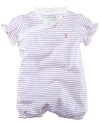 Sweetly embellished with pretty lace trim, this striped cotton jersey shortall is a must-have for an adorable warm-weather look.