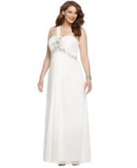 Xscape's sweeping plus size evening gown has a gorgeous floor-length skirt, but the captivating touches are at the top-a one-shoulder silhouette and a pleated, beaded bust.