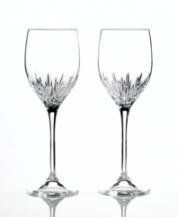 Turn formal affairs into true celebrations with Duchesse wine glasses from Vera Wang. The renowned bridal designer marries a tapered bowl and blazing starburst cut with a beautifully flared stem, all in radiant crystal.