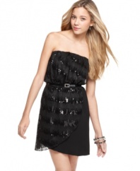 Sequins are a girl's best friend in this little black tube dress from Trixxi! The rhinestone-buckle belt cinches the waist, giving this super cute number a shape that flatters!