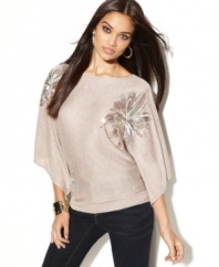 Sequined flowers create a starburst of style on INC's kimono sleeve sweater!