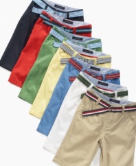 Warm up his wardrobe with a pair of Tommy Hilfiger flat-front shorts that make it easy to get styled for summer fast.