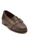 Classic moc toe loafer with penny tab at the upper and heavy contrast stitching along the seams.