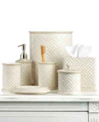 A classic basketweave pattern brings a carefree mood to your bath with this charming wastebasket from Martha Stewart Collection. Featuring neutral glazed stoneware.