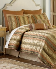 The Canyon comforter set features an elegant pattern of vertical stripes with a delicate flourish design overlay all in a warm, enticing palette. Decorative twisted cord and fringe embellishments finish the look, complete with all the elements needed to reinvent your space.