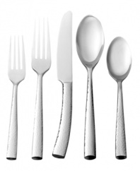 A touch modern, the Paris flatware set from Hampton Forge features four place settings in hammered stainless steel. Rounded handles and an angled knife add to its distinct design.