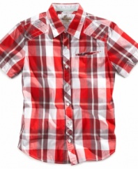 Channel some warm-weather fun with this bright plaid shirt from Epic Threads.