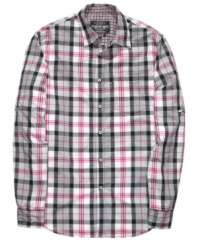 Show off your sensitively cool side with this plaid woven shirt from Ecko Unltd.
