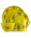 Very crafty. The lime-green Pasha place setting appeals with a homespun look and feel in organically shaped, artfully hand-painted earthenware from Tabletops Unlimited. With a secret design on the base of each piece.