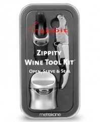 Get to the good stuff. Pop the cork and fill a glass in a snap with the Rabbit Zippity wine tool kit from Metrokane. An air-tight sealer saves leftover wine for another day.