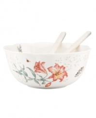 The whimsical butterflies and blooms of Butterfly Meadow dinnerware grace this collection of elegant salad bowls, crafted of scalloped white porcelain with coordinating wooden servers. Qualifies for Rebate