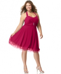Short and sweet: be the life of the party in Ruby Rox's flattering A-line plus size dress with an eye-catching rhinestone pin.