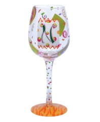 Confetti, streamers and words starting with your initial of choice make Lolita's hand-painted Love My Letter N wine glass a must for Natalie, Nikki and Nina. With a signature drink recipe on its base.