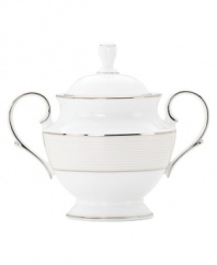 Modern yet timeless, this fine china sugar bowl is sure to satisfy the style-hungry host. From Lenox dinnerware, the dishes from the Opal Innocence Stripe collection are simply dressed in cream and white stripes and finished with a polished platinum trim, creating an ultra-chic setting to enjoy celebratory meals. Qualifies for Rebate