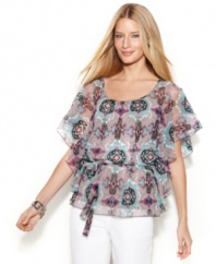 An airy chiffon top from INC adds a feminine touch to jeans, capris and more! The ornate print and self-tie belt at the waist give this piece unique appeal.