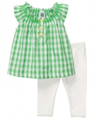 Go gingham. A classic pattern adds timeless style to this adorable shirt and leggings set from Carter's.
