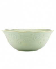 With fanciful beading and a feminine edge, this Lenox French Perle serving bowl has an irresistibly old-fashioned sensibility. Hardwearing stoneware is dishwasher safe and, in an ethereal ice-blue hue with antiqued trim, a graceful addition to every meal. Qualifies for Rebate