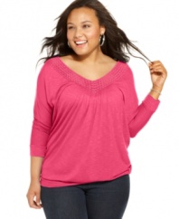 Finish your casual look with Soprano's three-quarter sleeve plus size top, highlighted by an embellished neckline.