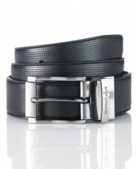 Add some depth and dimension to your dress wardrobe with this perforated leather belt from Geoffrey Beene.