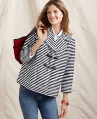 Classic stripes and chic toggle closures lend nautical-inspired style to this spring topper. Pair it with a vibrant bag for the right pop of contrast!