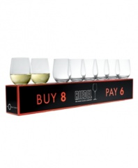 Designed expressly for Chardonnay, this set of Riedel O wine glasses features a stemless, easy-to-hold shape that's perfect for entertaining. Eight glasses come in a set priced for six making this a smart addition to your own home or a great gift for newlyweds.