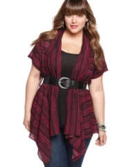 Looking stylish is a cinch with L8ter's short sleeve plus size cardigan, featuring a belted waist.