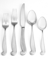 Make waves with La Mer. Flatware featuring a swirling seashell motif contrasted by traditional tines and bowl shapes offers refreshing whimsy with every course. Fun for a seaside home in top-quality stainless steel.