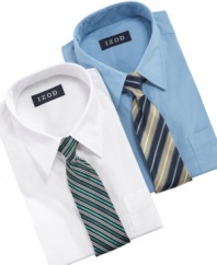 Tie it all together.  He'll have the complete dapper look with this long-sleeved woven and tie combination from Izod.