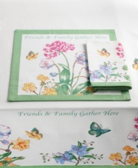 With a fresh spring feel and sunny outlook, the Butterfly Meadow Sentiments tablecloth from Lenox features blooms, butterflies and a heartfelt reminder – Friends & Family Gather Here – in crisp white cotton. (Clearance)