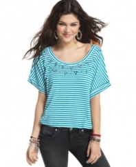 Toughen up your tees with this cropped style from Material Girl that features industrial-cool studs over stripes!