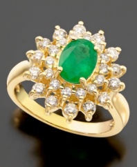 Sparkling round-cut diamonds (3/4 ct. t.w.) arranged in a beautiful sunburst highlight a glorious round-cut emerald (1-1/8 ct. t.w.) set in 14k gold on this uplifting ring by Effy Collection.