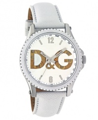 Revealing style. Watch by D&G crafted of white leather strap and round stainless steel case. Silver tone grid-patterned dial features numerals at twelve and six o'clock, stick indices, black minute track, three hands and gold tone logo cutout at center. Quartz movement. Water resistant to 50 meters. Two-year limited warranty.