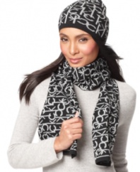 Initial reaction: Calvin Klein's logo jacquard scarf and beanie set will reveal your loyalty to a beloved brand name while showing off your great sense of style!