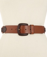 Subtle color blends wonderfully on this classic leather belt from Fossil. Added hinges wrapped in rich leather bring rustic and unique style.