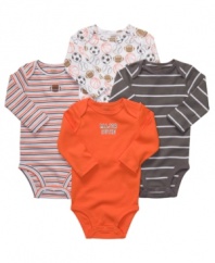 No more boring bodysuits! Carters makes it easy for you with this four piece set that takes the hassle out of dressing your little one.