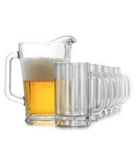Beer mugs with a fluted texture and large handles add an air of sophistication to even the hardiest toasts. Provide prompt refills with the accompanying pitcher, which has a smooth surface and equally grand handle, and drink to the eco-conscious recycled glass.
