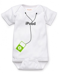 A short sleeve romper with iPood and music player printed on front.