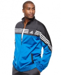 Warming up, cooling down or just taking it easy. No matter what your activities you'll be stylish and comfortable in this two-tone tricot track jacket from adidas.