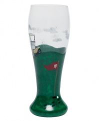 For everyone who's dreamed there could be a 19th hole, this whimsical beer glass hits the spot. Featuring a handpainted rolling green and a humorous message on the bottom, it's perfect for the golf fan among your friends.
