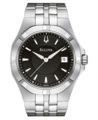 Impressively oversized and built for precision, this fine watch from Bulova is the perfect luxury. Silvertone stainless steel bracelet and round case. Round black dial with date window, logo and stick indices. Quartz movement. Water resistant to 30 meters. Three-year limited warranty.