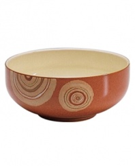 Add a whimsical accent to the Fire collection with this Chilli soup and cereal bowl. From Denby dinnerware, these dishes have a mod circle design that is rendered in the same warm earth tones of green and terra cotta as the solid pieces to create a contrasting yet coordinated look.