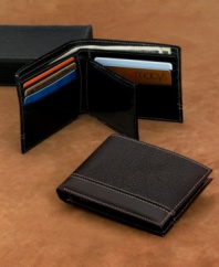 Offering enough storage capacity for all of the essentials, this passcase wallet features both smooth and textured leather along with contrast stitching.