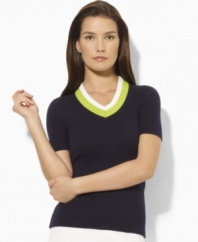 Imbued with preppy heritage, Lauren by Ralph Lauren's essential short-sleeved sweater is crafted from smooth ribbed-knit combed cotton with cricket stripes at the V-neckline for an athletic-inspired finish.
