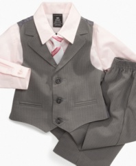 A little swagger. Start him out with sophisticated style early in this pinstriped shirt, vest, pant and tie set from Sean John.