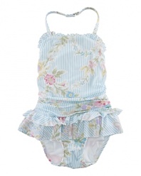 Adorable swimsuit in silky stretch nylon printed in a bright floral motif finished with ruffled trim.