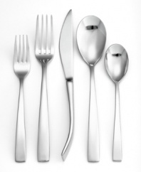 Innovative design and a bright mirror finish give the Ginkgo President flatware set a commanding presence at modern tables. Elongated silhouettes and a funky standing knife define service for 8 plus coordinating servers.