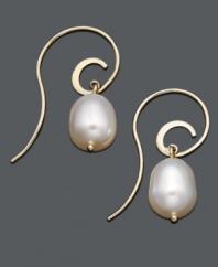 Lavish yourself in smooth style. Cultured freshwater pearls (8-10 mm) hang delicately from a swirling 14k gold setting. Approximate drop: 1 inch.