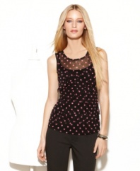 Sweet and sexy, simultaneously. A polka dot print is paired with tiered ruffles and a slightly sheer silhouette on this petite top from INC.