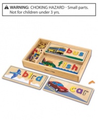 Complete a puzzle to spell a word, while developing a sight-reading vocabulary or use the letters for stenciling. 72 colorful wooden letters fit into the 8 two-sided cutout boards to spell three- and four-letter words! All spelling and fine motor fun fits into one compact wooden storage case!